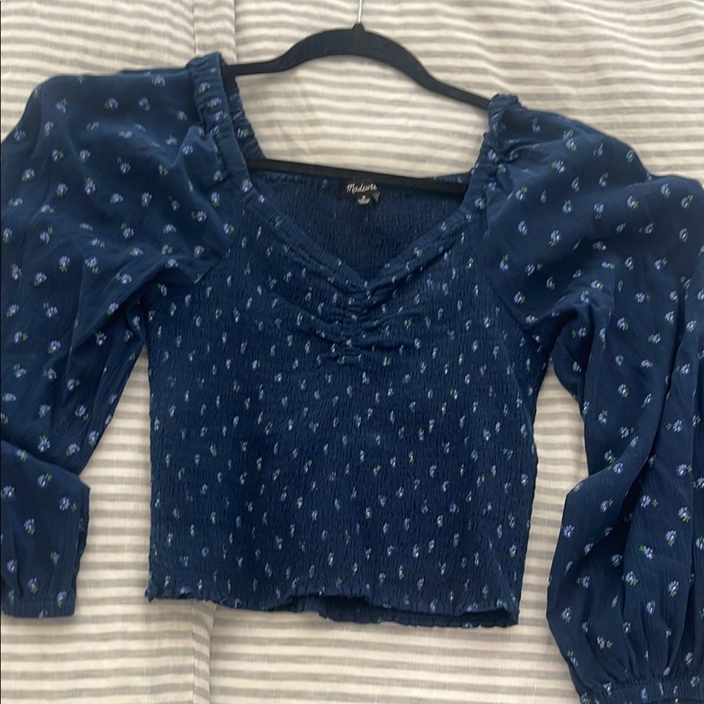 Madewell Blue Puff Sleeve Crop Blouse